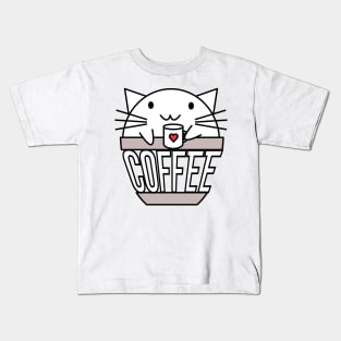 Cat in coffee cup with warped text holding coffee cup with heart Kids T-Shirt